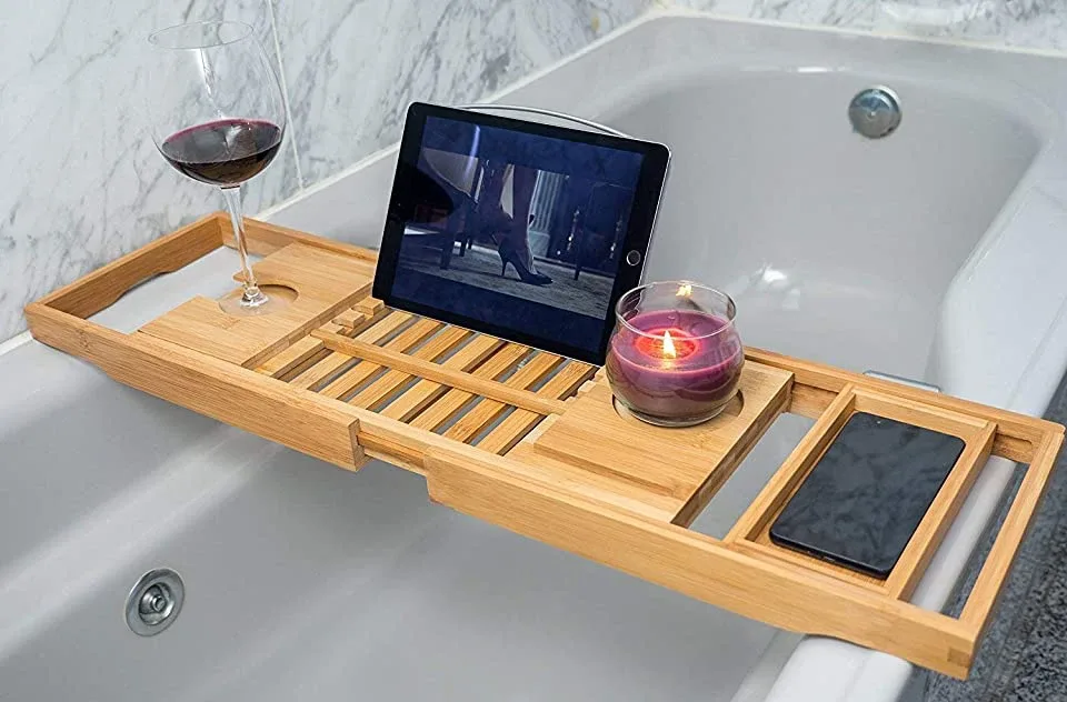 Bamboo Expandable Bathtub Caddy Tray image indicator(2)