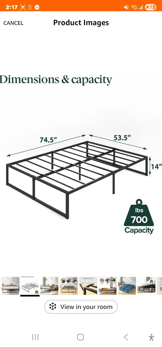 Metal Bed Frame - Double (14" tall for underbed storage)
