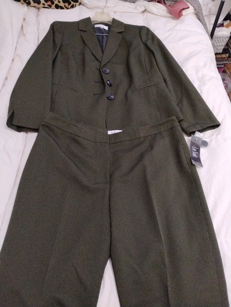 Le Suit Olive Green Pinstripe Suit Set