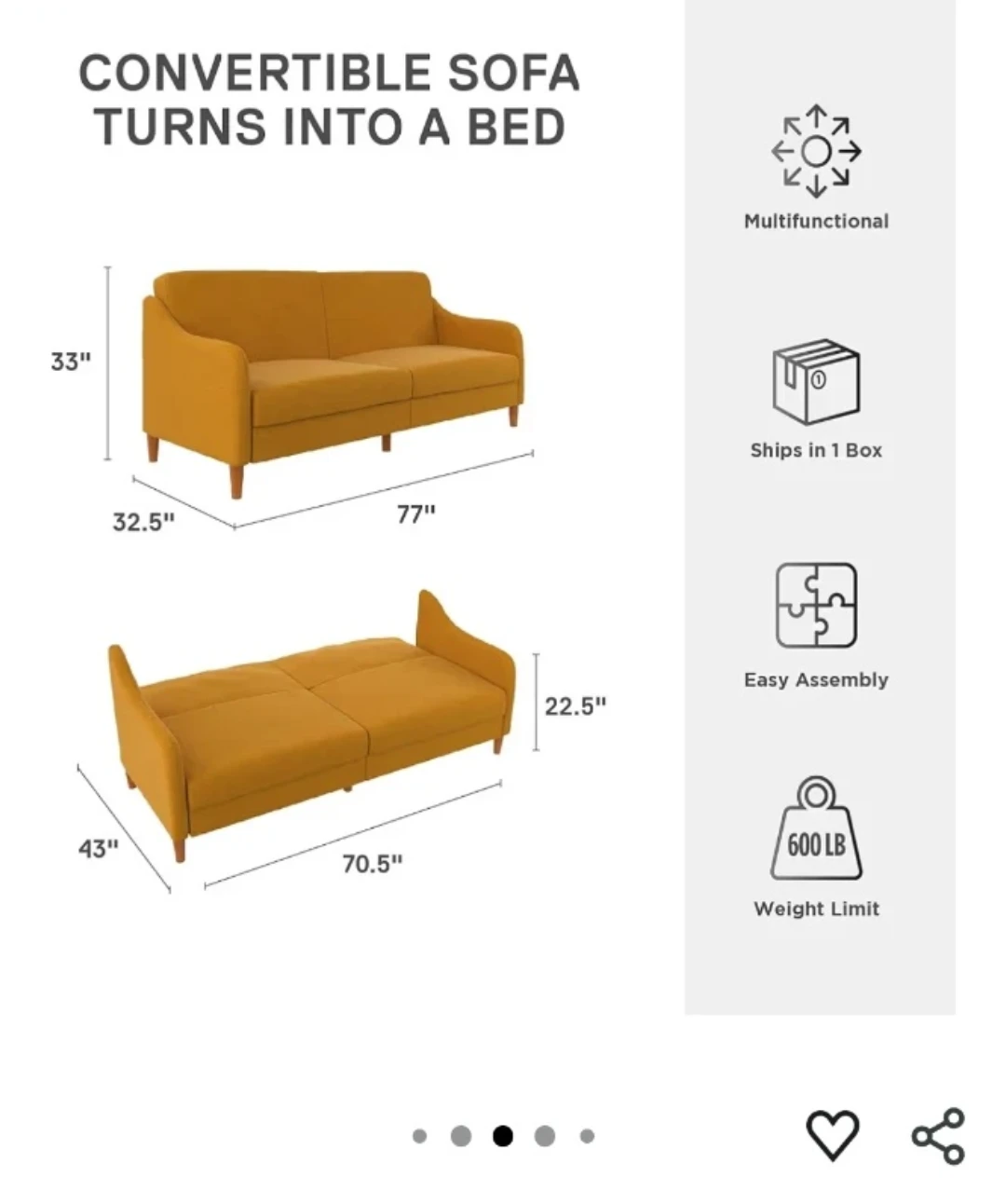 Convertible Sofa Bed - Mustard Yellow - photo 3