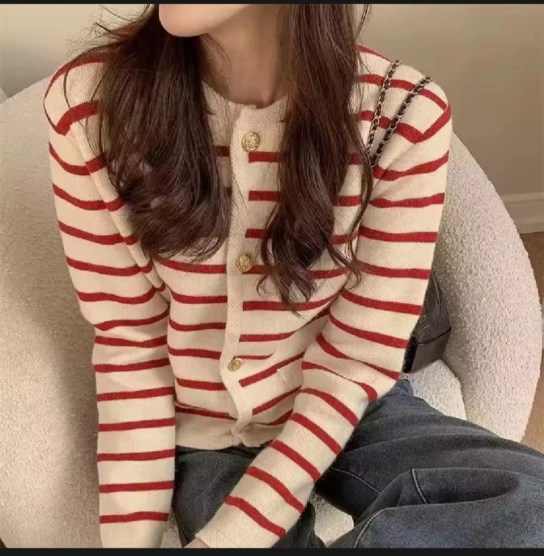 Korean Striped Cardigan - Red and White