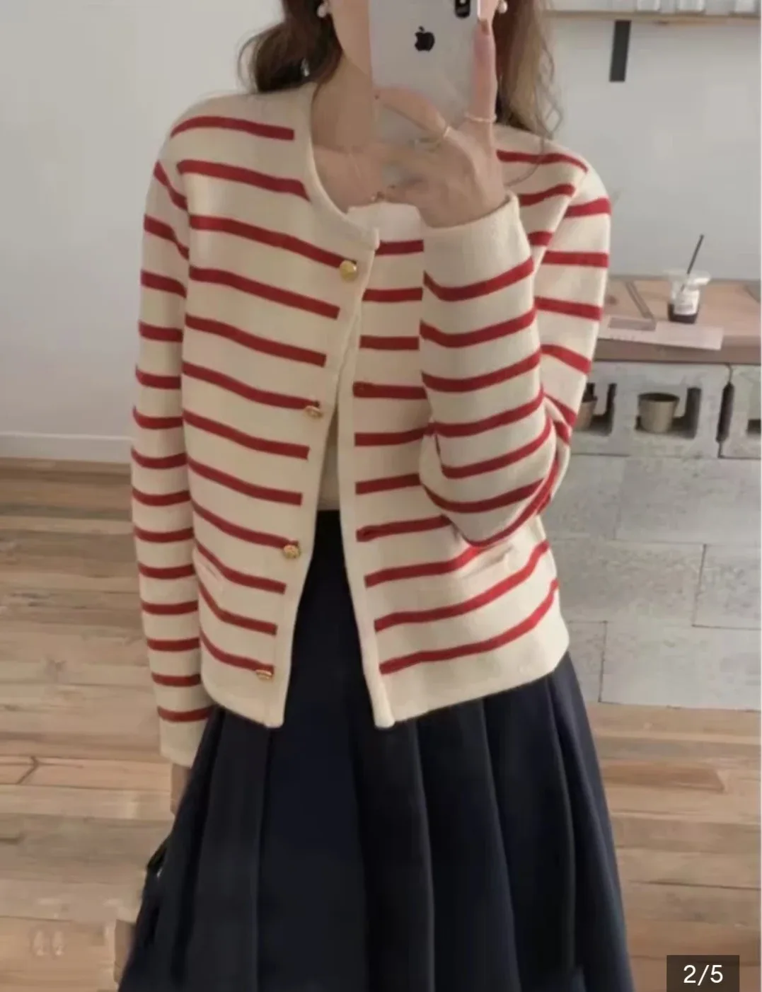Korean Striped Cardigan - Red and White image indicator(2)