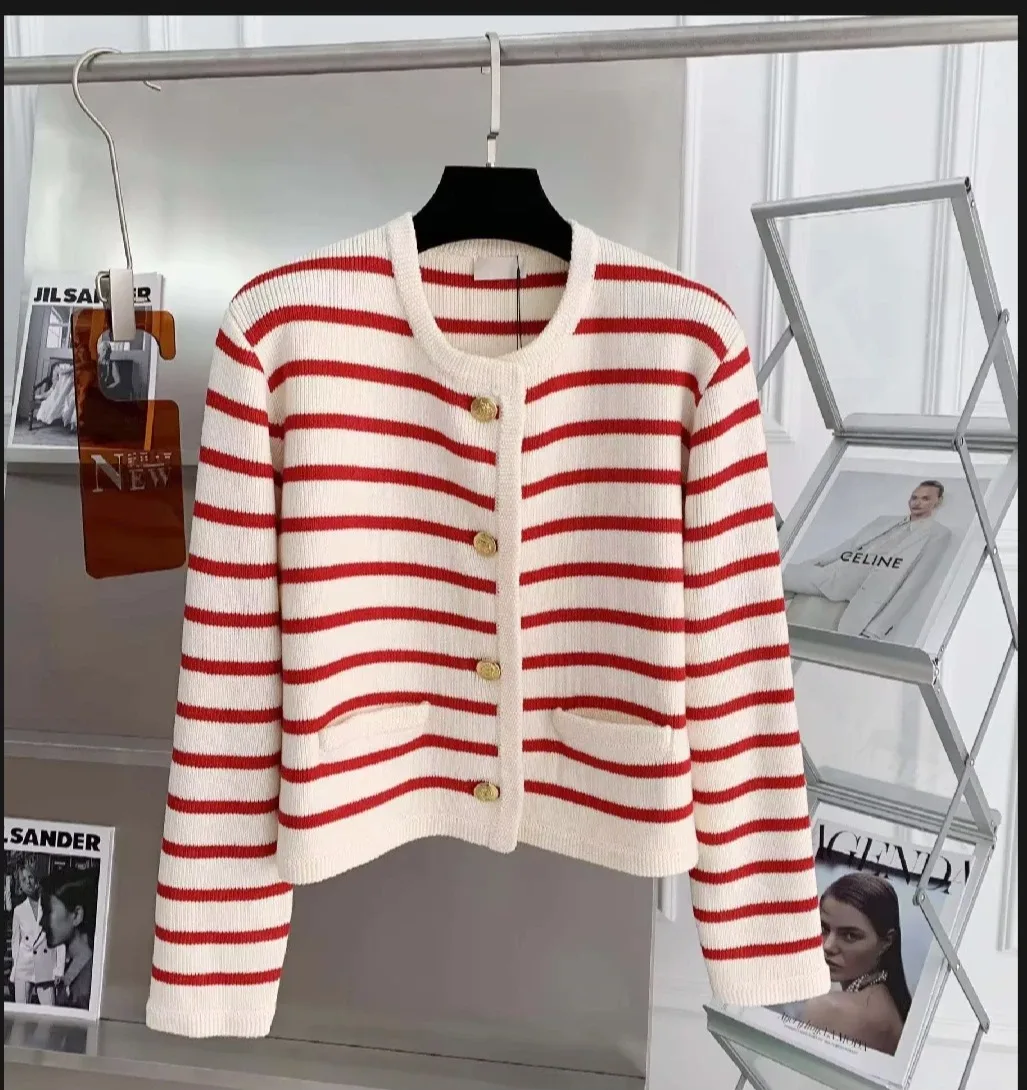 Korean Striped Cardigan - Red and White image indicator(3)