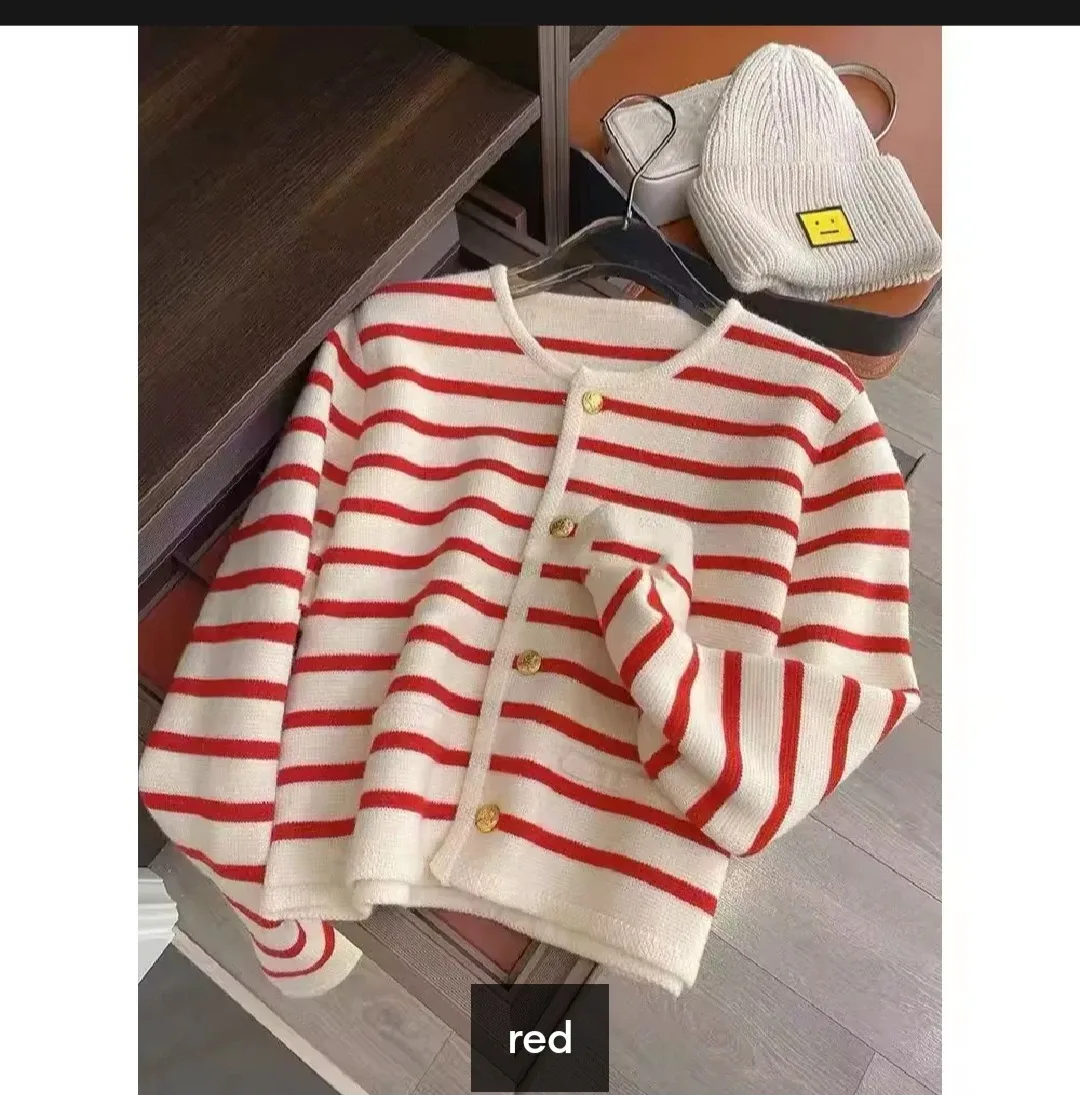 Korean Striped Cardigan - Red and White image indicator(4)