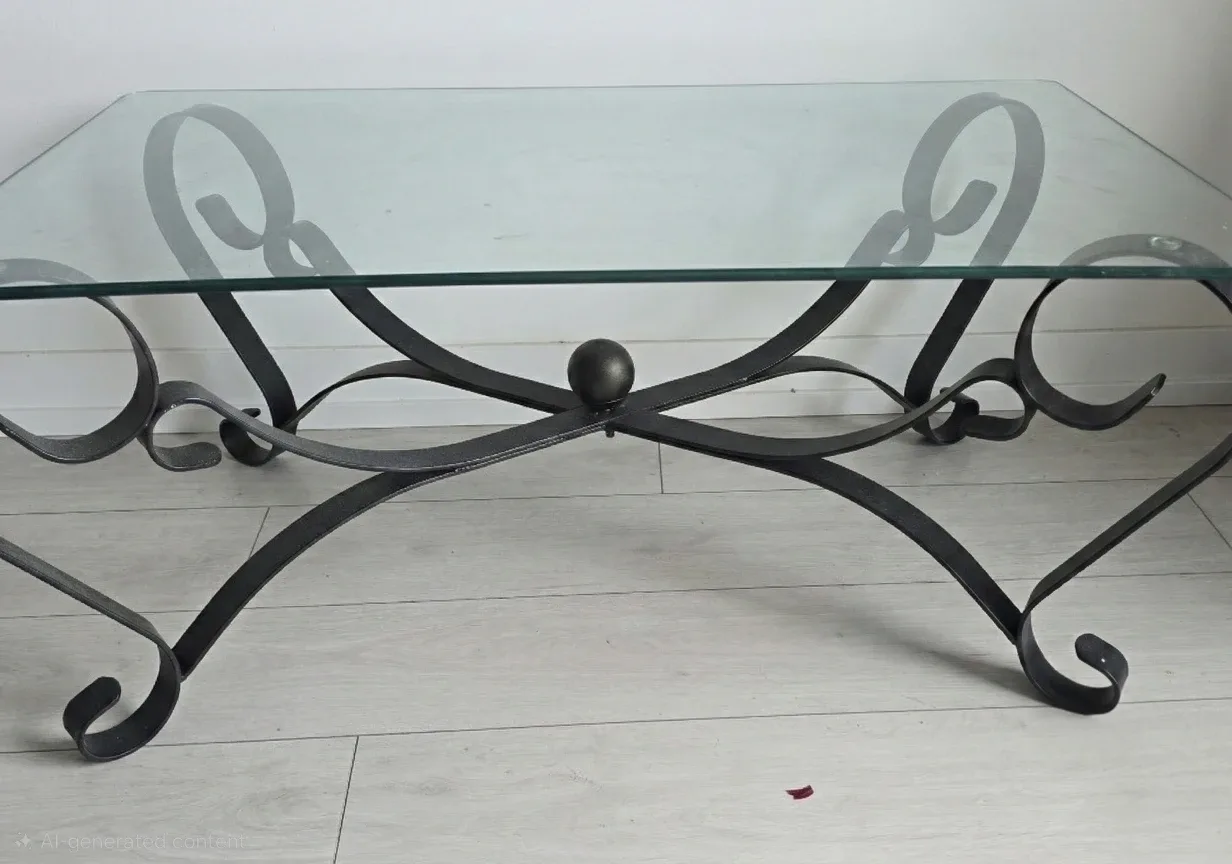 Glass top coffee table with wrought iron base