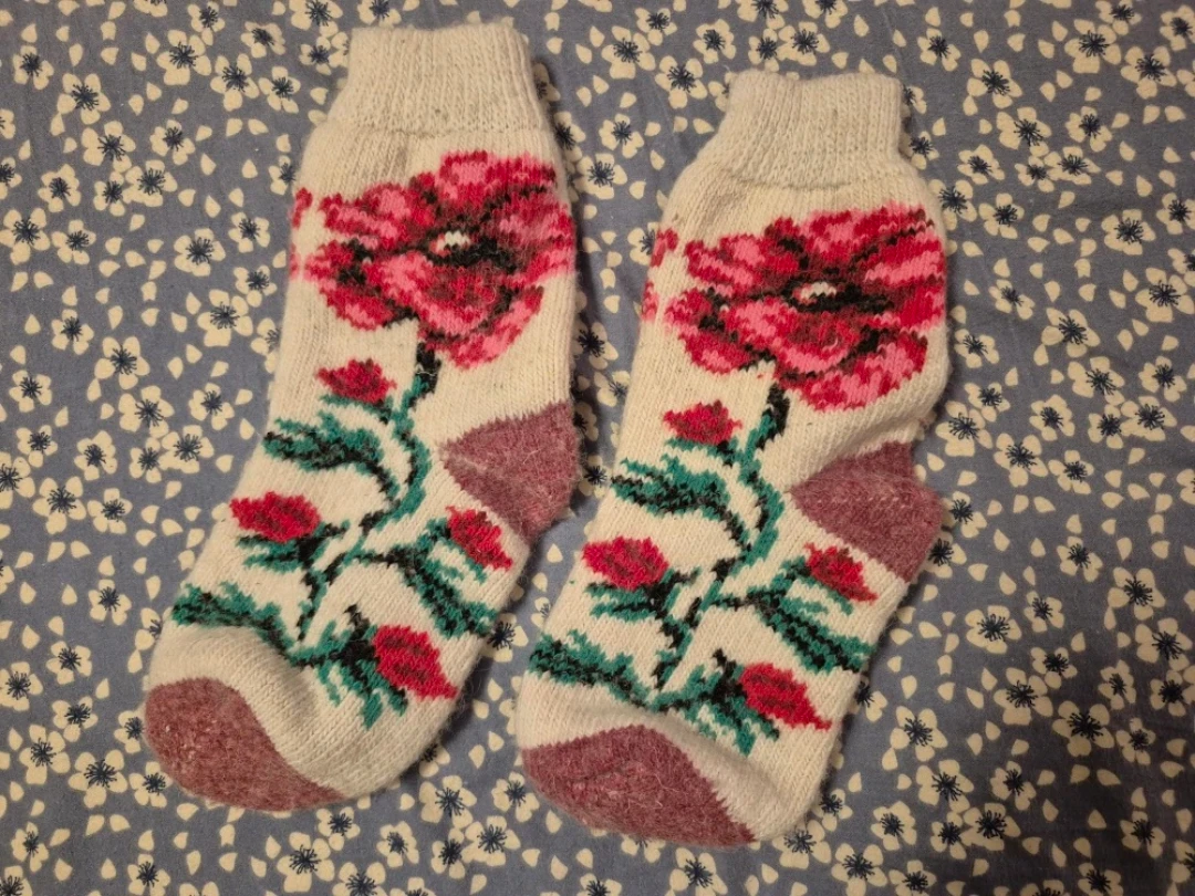 Hand-Knitted Wool Socks with Floral Design