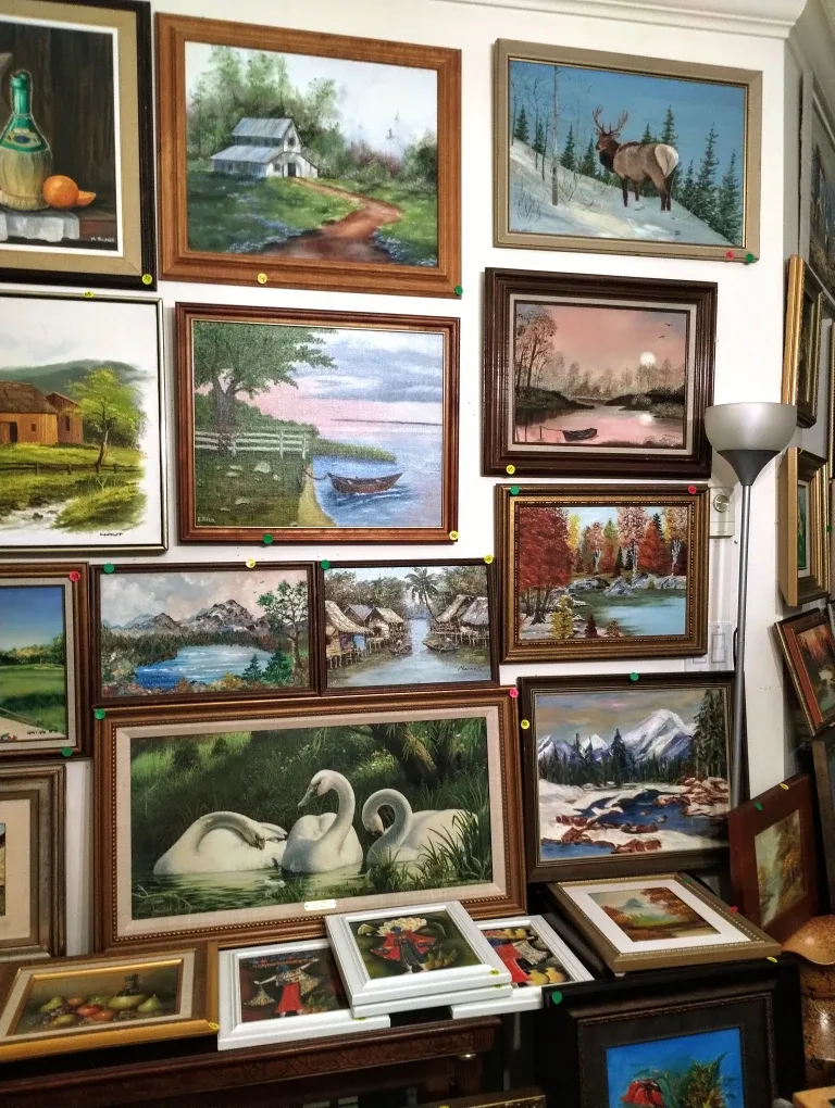 90  pieces of antique original oil paintings prices $20 and up.