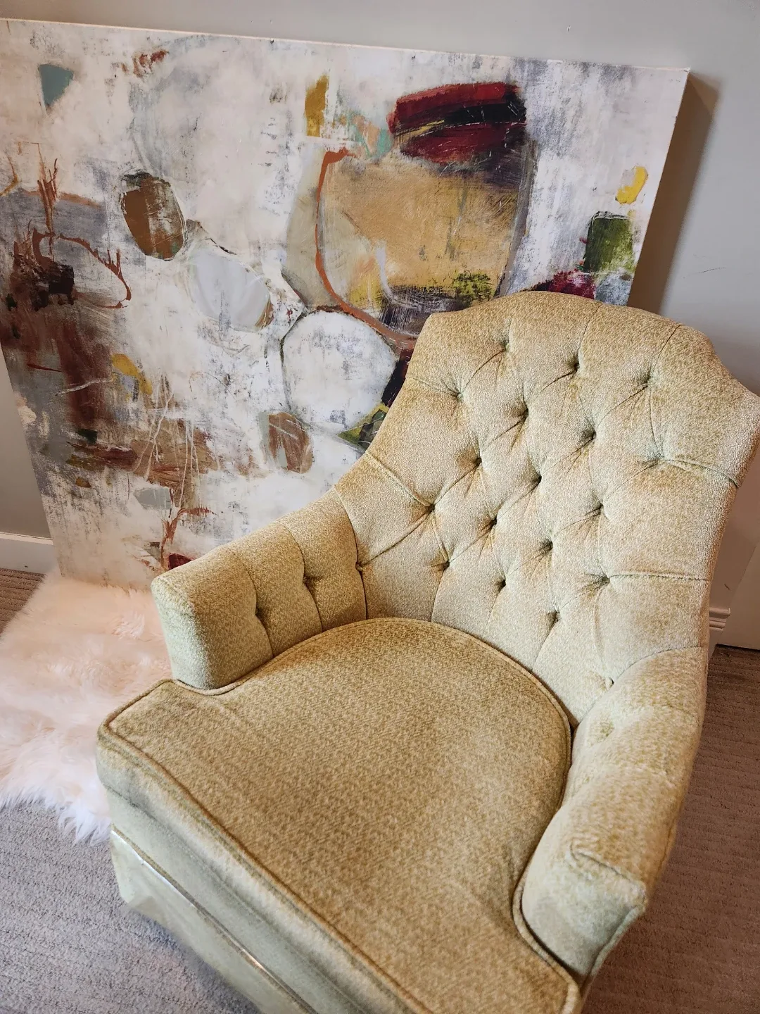 MID CENTURY yellow chenille Tufted Armchair - Yellow image indicator(7)