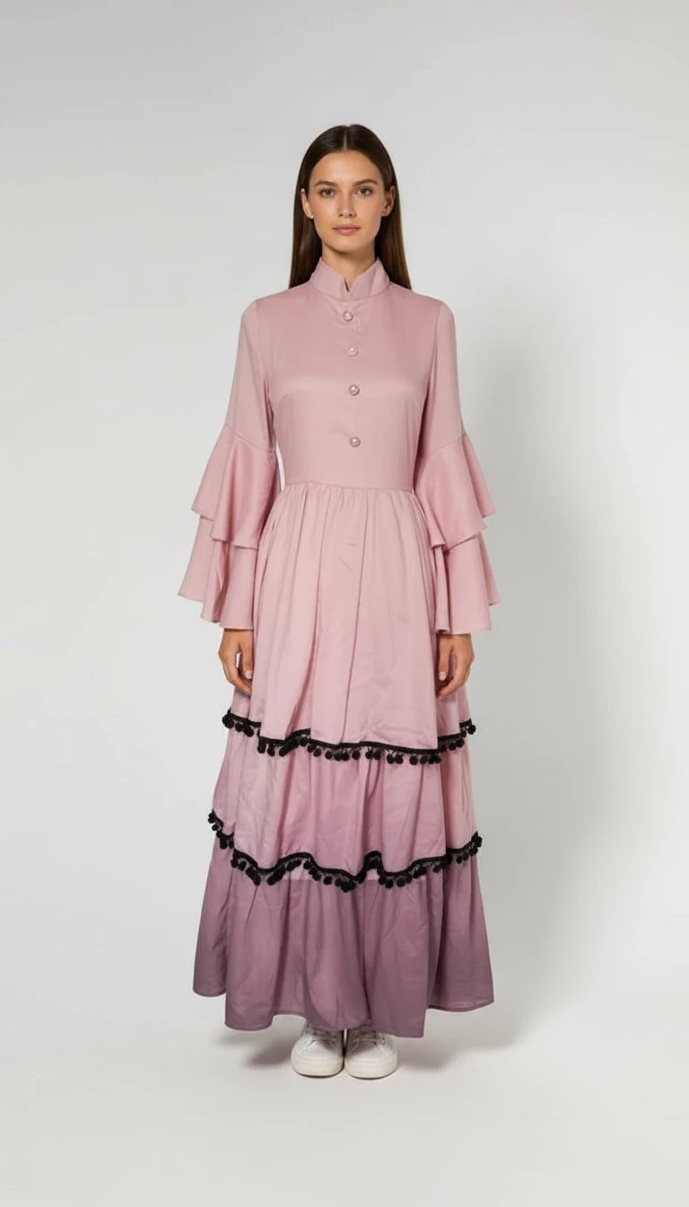 Pink dress with flounce sleeves (XS) - New