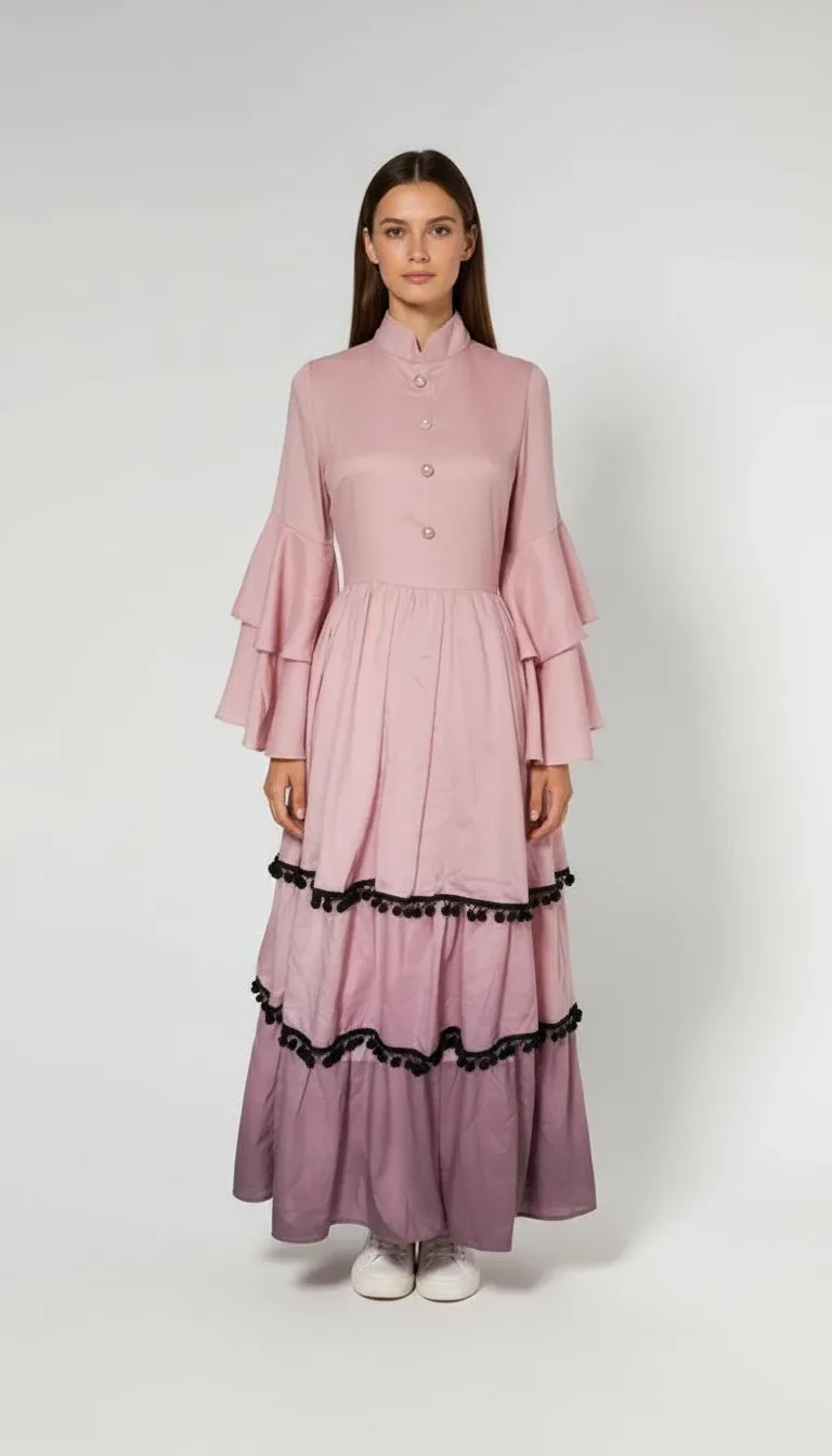 Pink dress with flounce sleeves (XS) - New