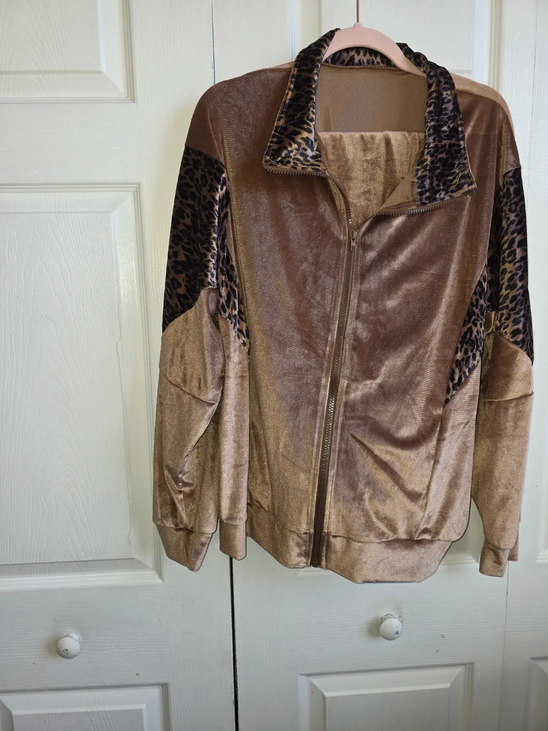 Brown Velour Track Suit with Leopard Print Detail