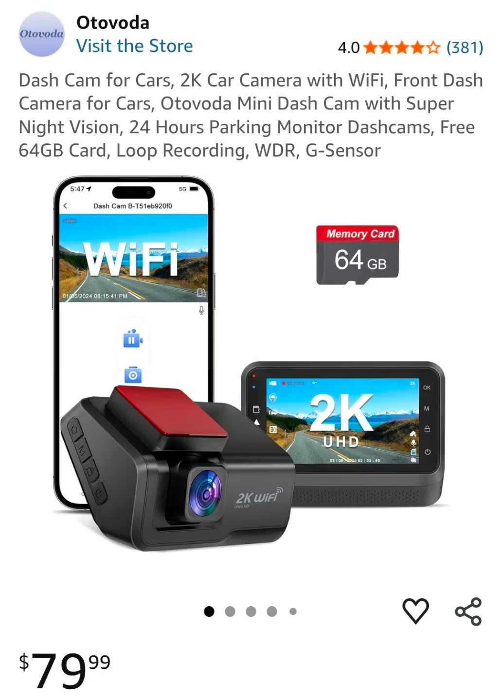 New Otovoda 2K Dash Cam with WiFi 64gb card included
