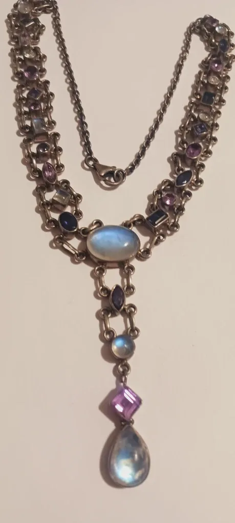 Sterling Silver 925 Mystic Opal, Amethyst, Moonstone Necklace