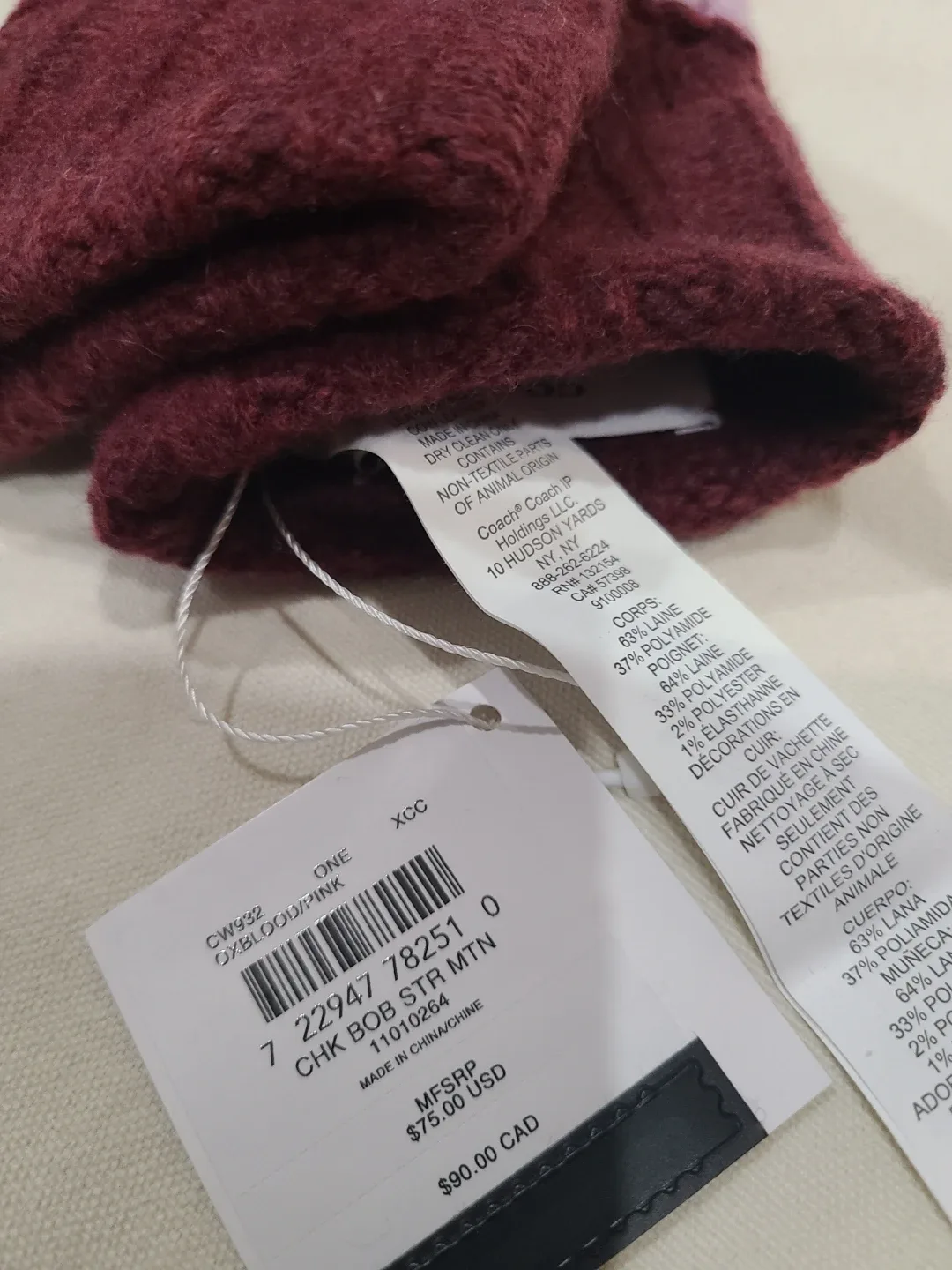 Coach CHK BOB STR MTN Oxblood/Pink Mittens image indicator(2)