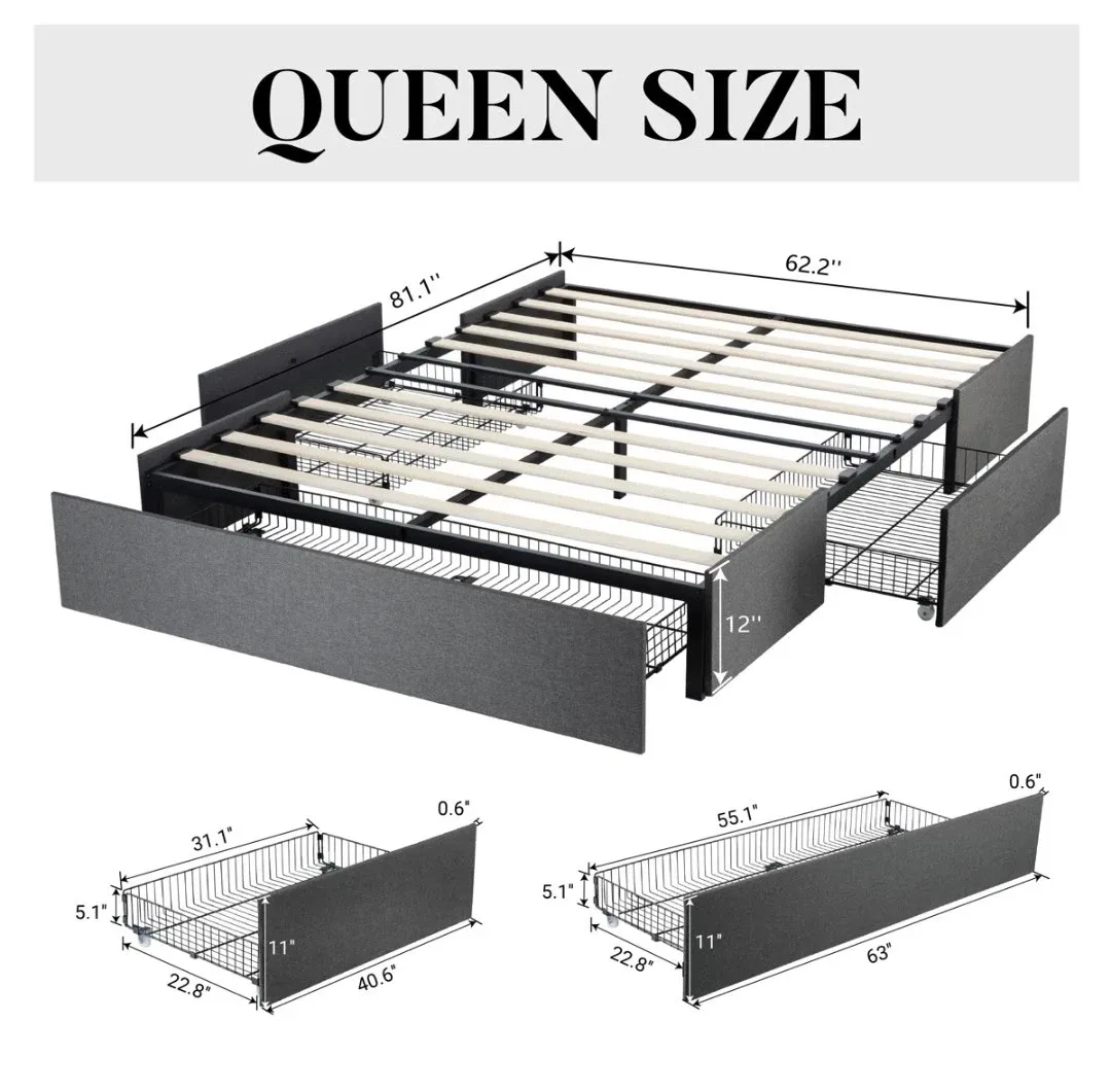 Queen Size Bed Frame with Storage Drawers
