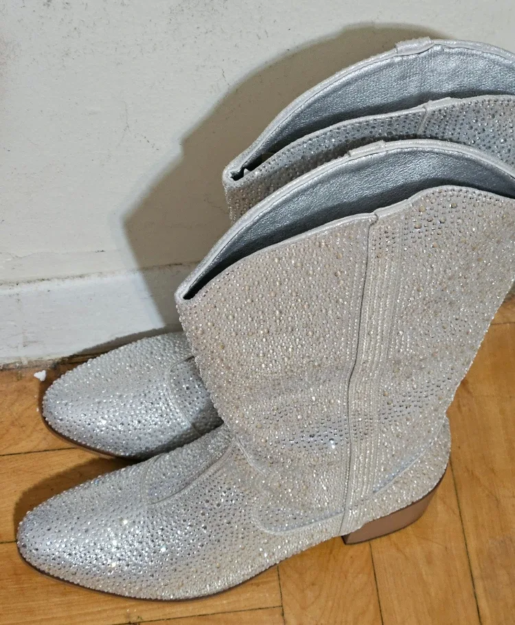 BN)Silver Rhinestone Size 7 Cowboy Boots image indicator(4)