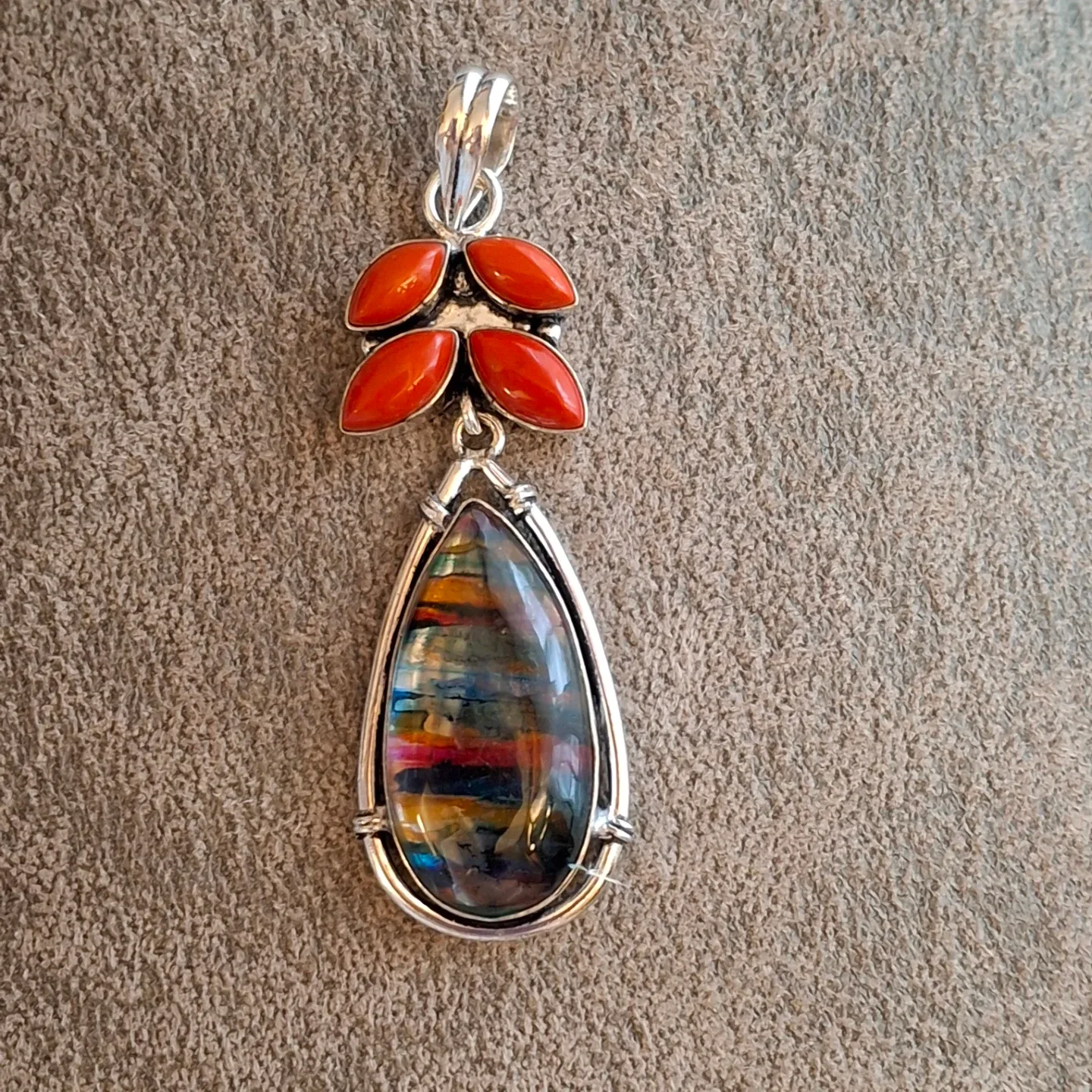 Sterling Silver Teardrop Pendant with Coral Accents thumbnail