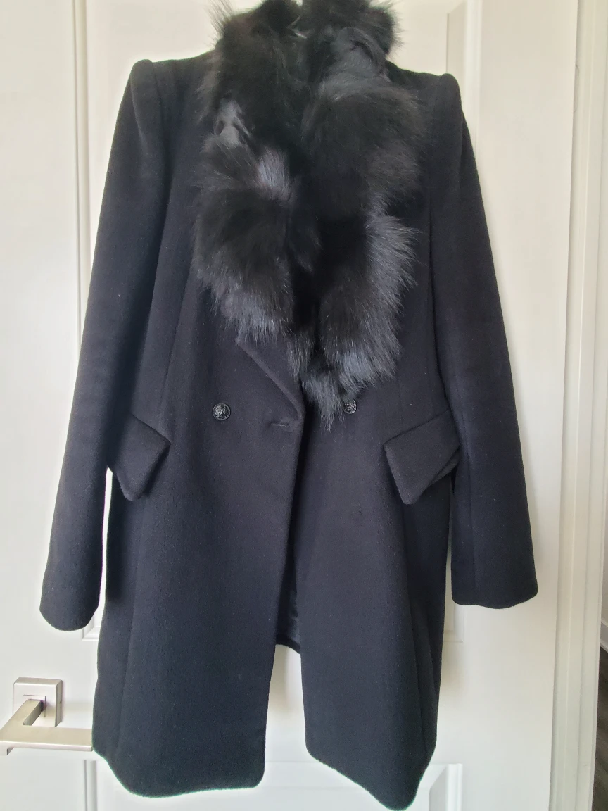 System Black Wool Coat with Fur Collar