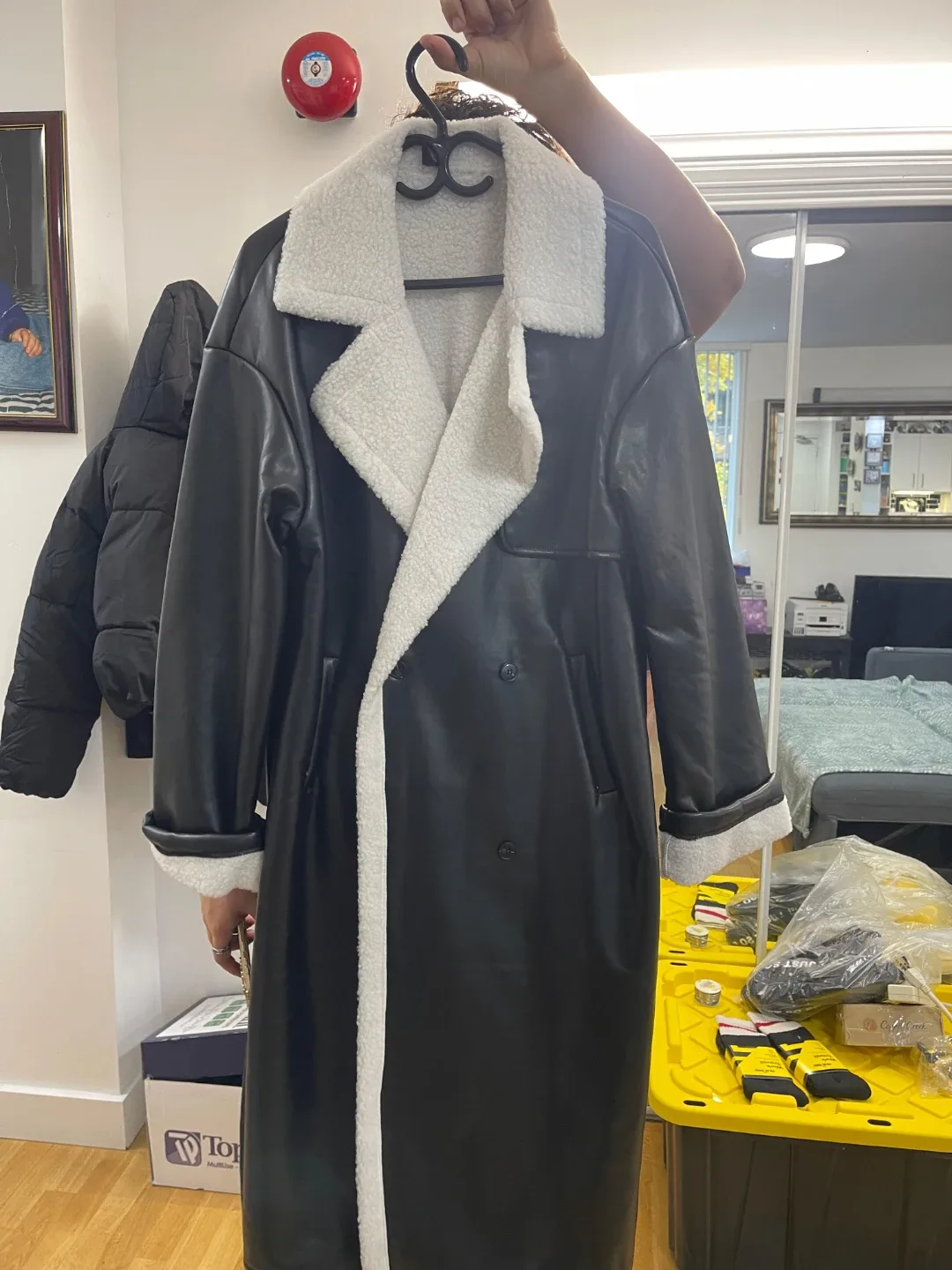 Black Faux Leather Coat with White Trim