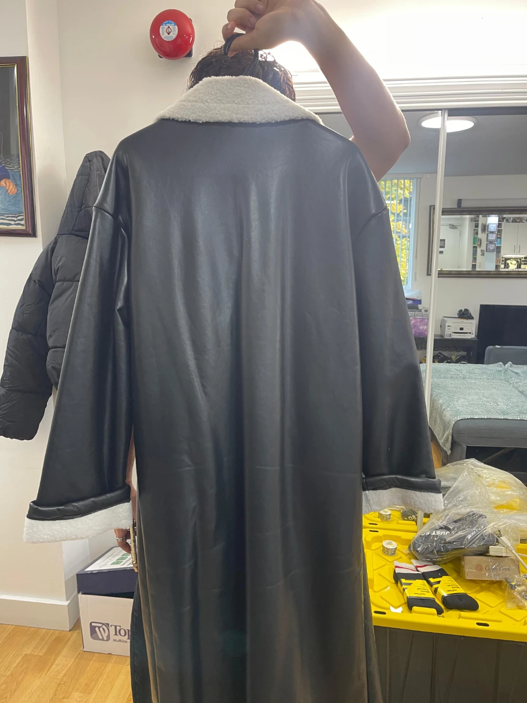 Black Faux Leather Coat with White Trim - photo 2
