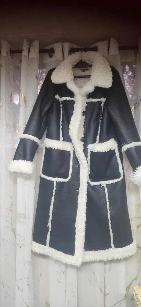 Black Faux Leather Coat with White Fur Trim image indicator(2)