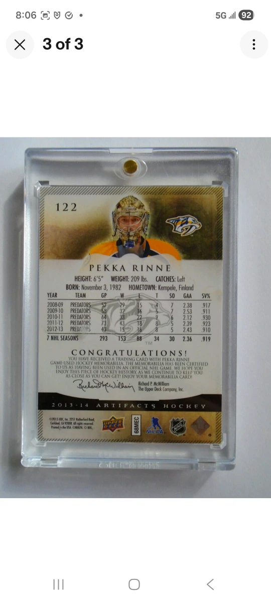 Pekka Rinne Artifacts/Gold Game Worn Hockey Card - photo 3