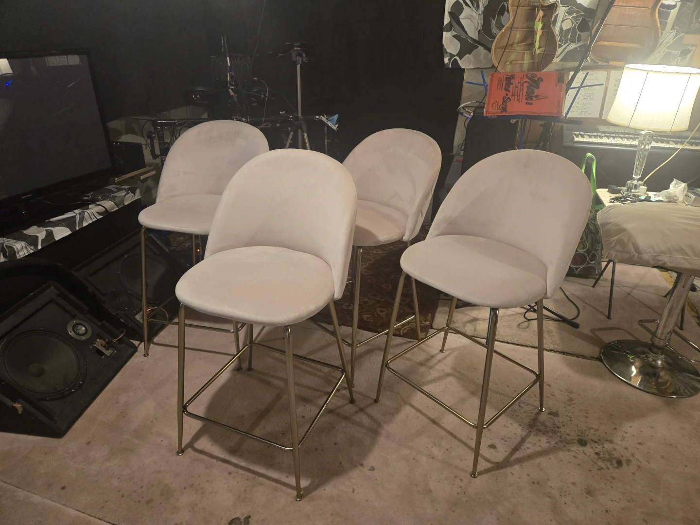Set of 4 Velvet Bar Stools - Light pink/Gold
