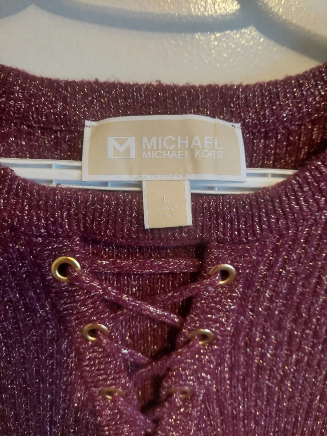 Michael Kors Burgundy Lace-Up Sweater - Size L image indicator(2)