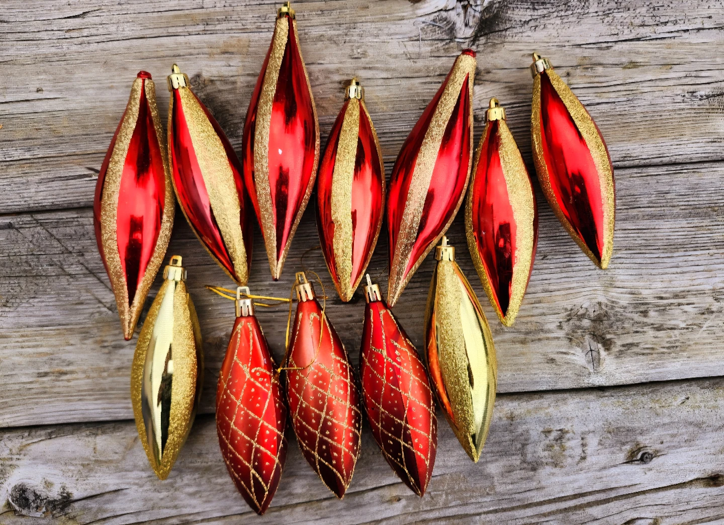 Red & gold teardrop holiday ornaments.