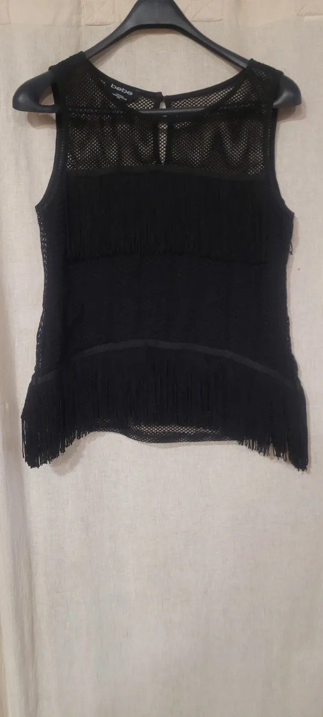 Bebe Black Fringe Sleeveless Top