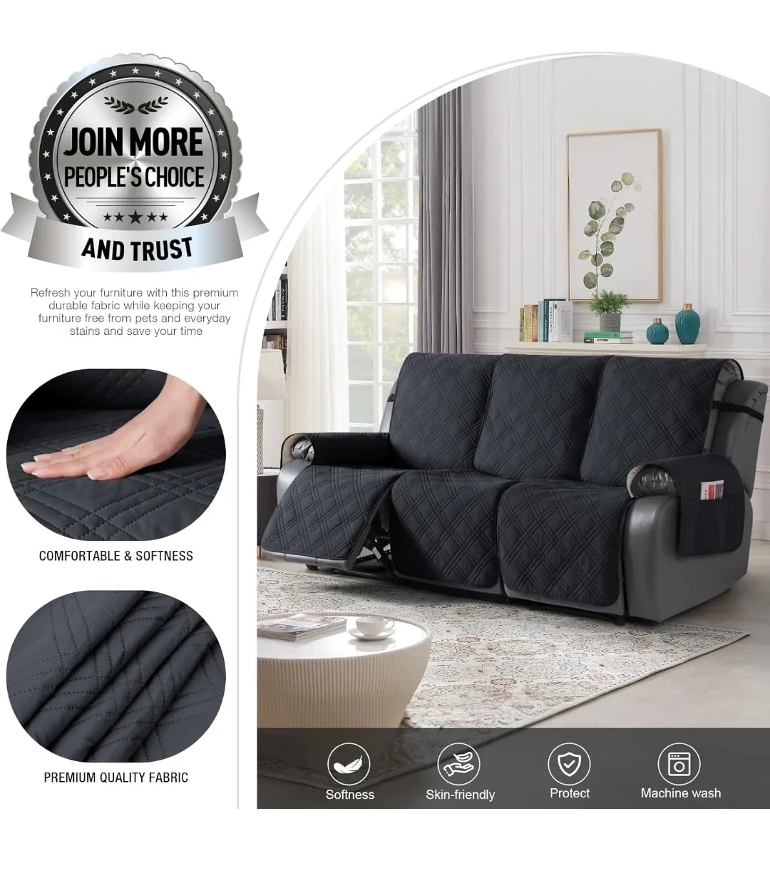 3 Seater Recliner Sofa Cover - Black image indicator(3)