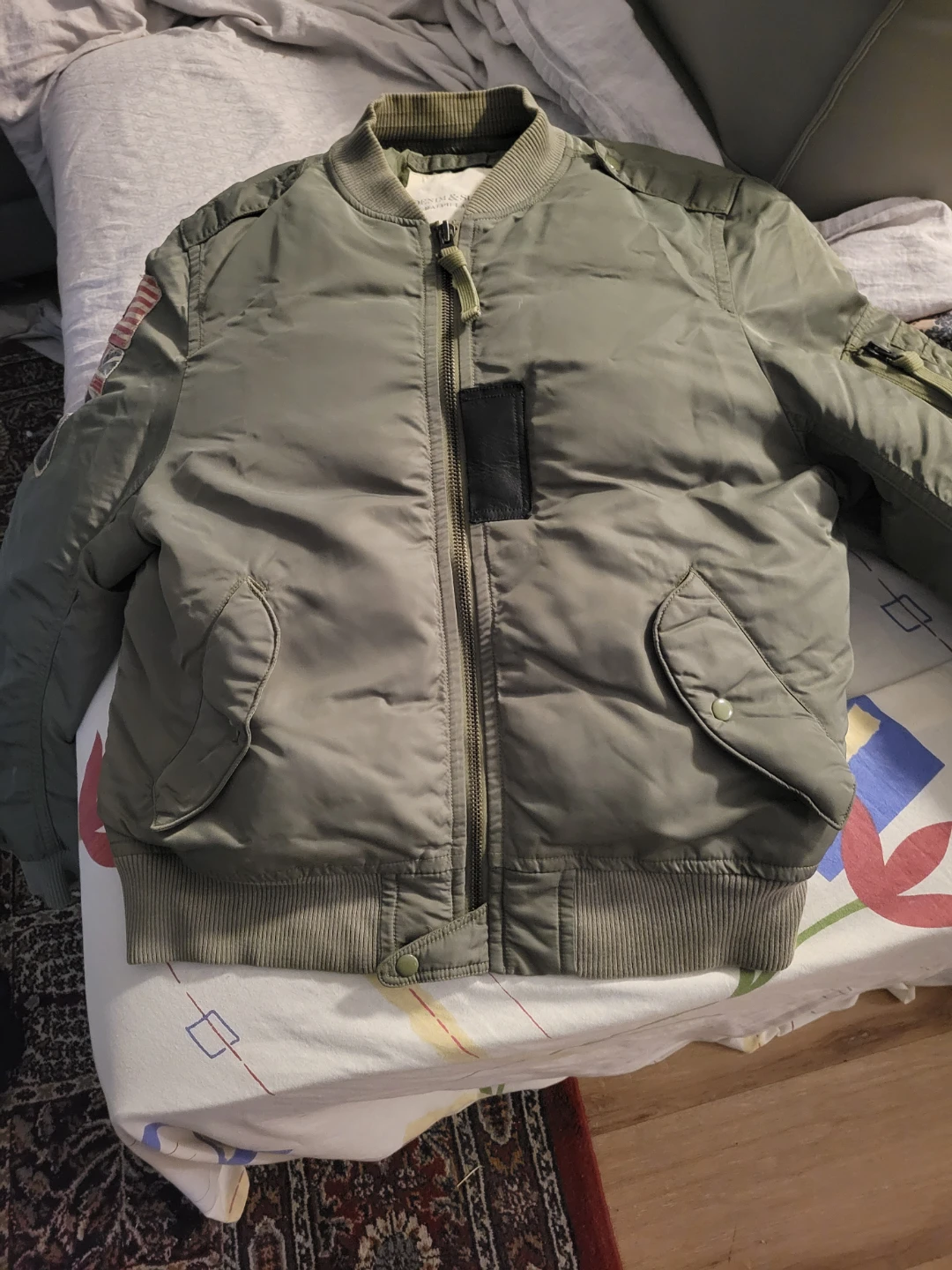 Olive Green Bomber Jacket with Patches - photo 3