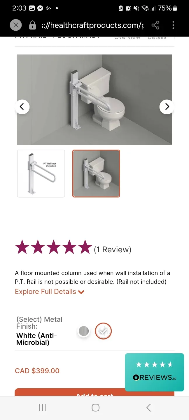 Healthcraft PT Rail Floor Mast, White, New in Box image indicator(3)