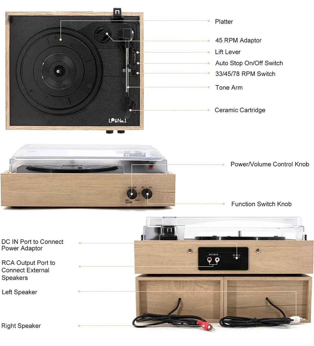 LP&No.1 Wireless Vintage Turntable with Stereo Speakers image indicator(4)