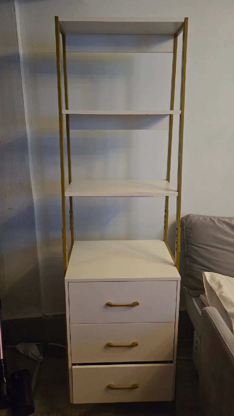 White & Gold Ladder Shelf with Drawers