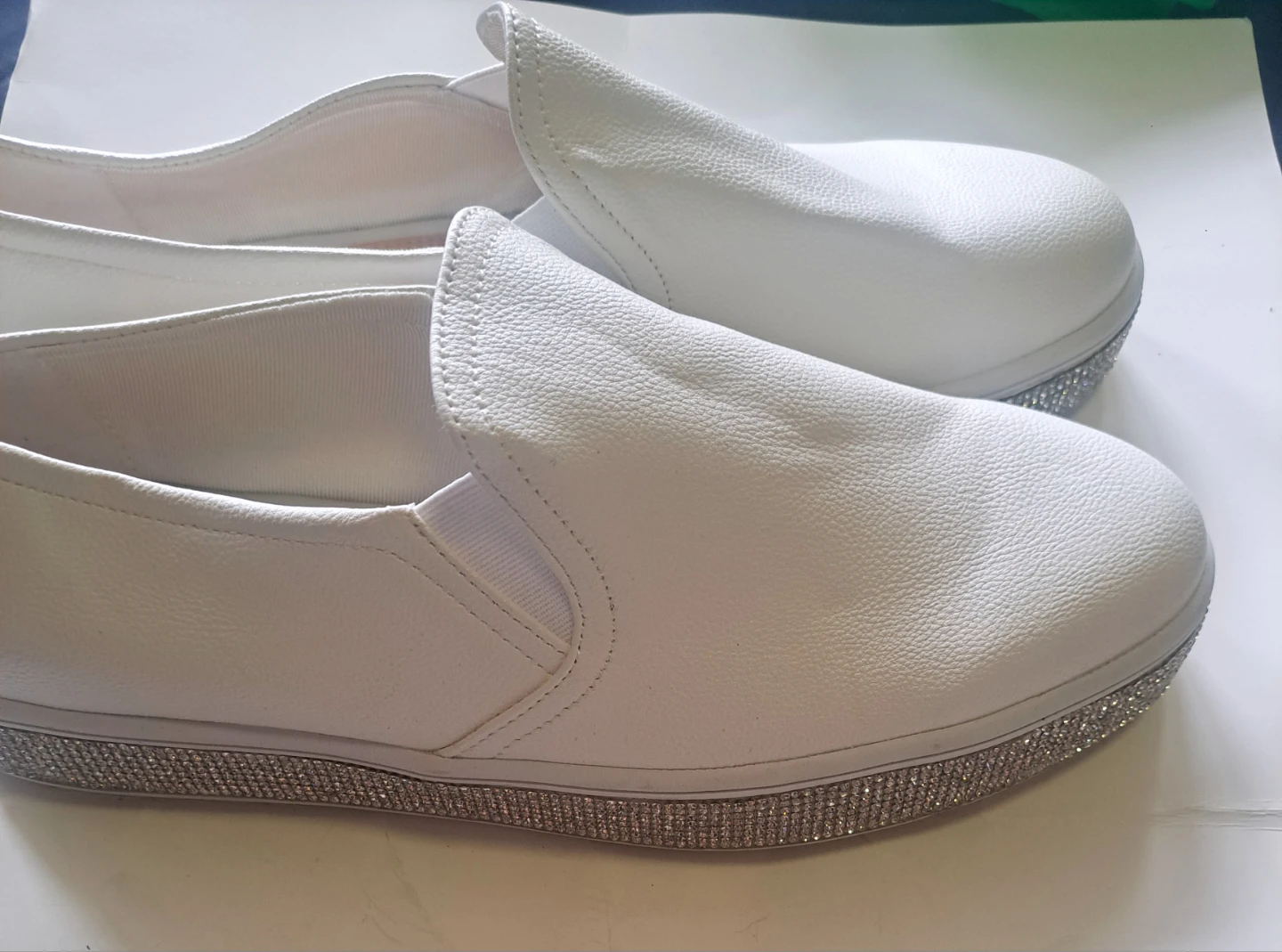 Feversole Faux Leather embellished slip on white sneakers