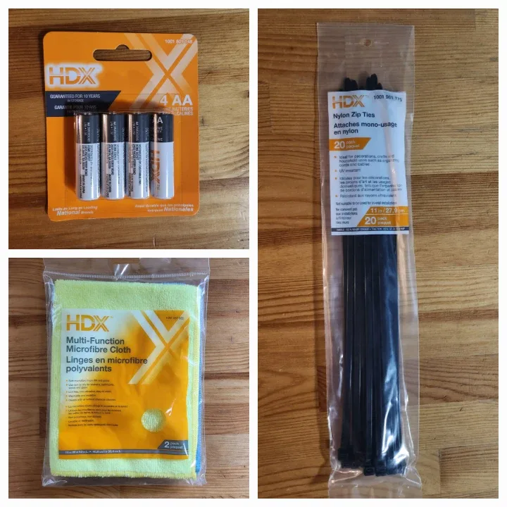 Home Depot HDX Brand - AA Batteries, Microfiber cloth, Zip Ties