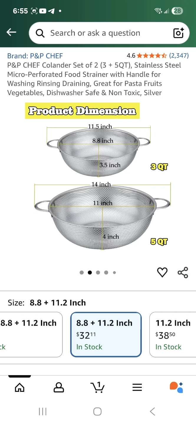 P&P Chef Stainless Steel Colander Set (8.8 + 11.2 Inch) - photo 4