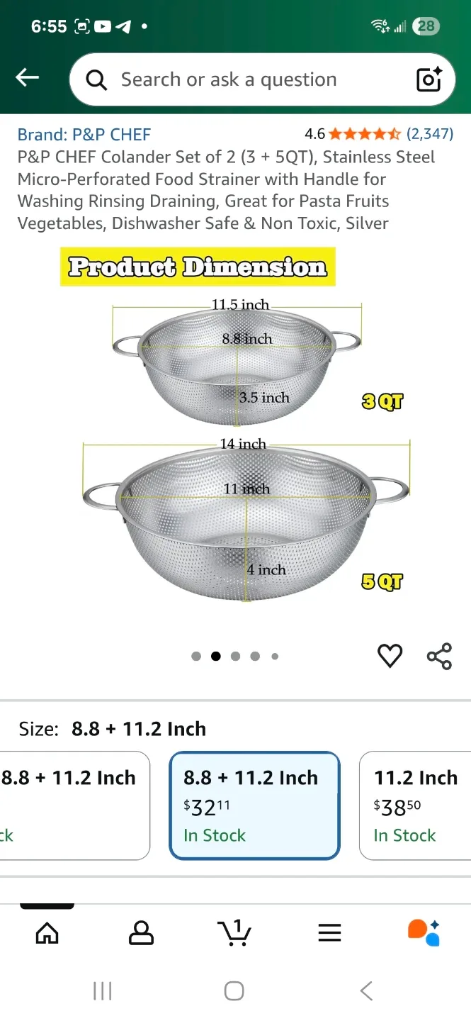 P&P Chef Stainless Steel Colander Set (8.8 + 11.2 Inch) image indicator(4)