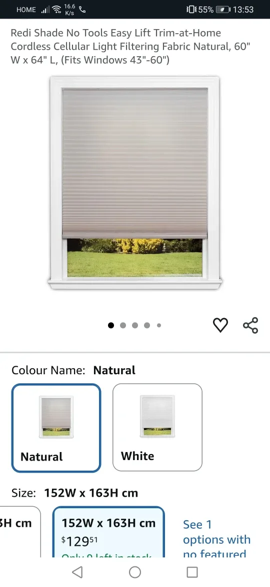 Redi Shade Cordless Cellular Shade - Natural, 60"x64"