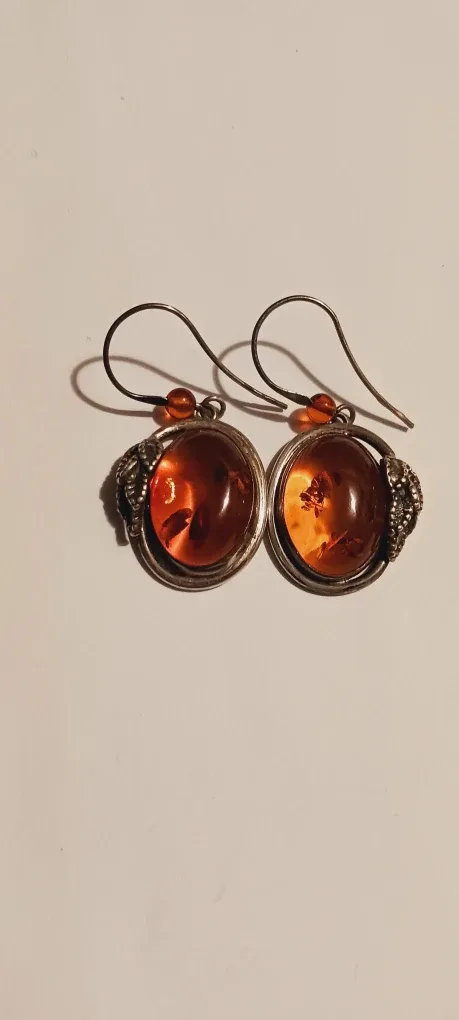 Art Nouveau 1940s Sterling silver Baltic Amber Earrings