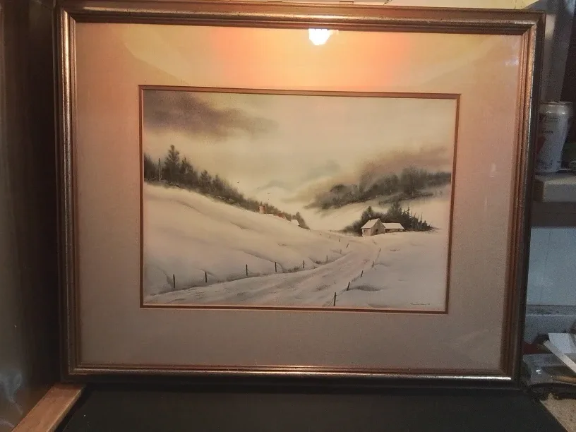 Framed  Original Watercolor Painting Winter Mood Signed