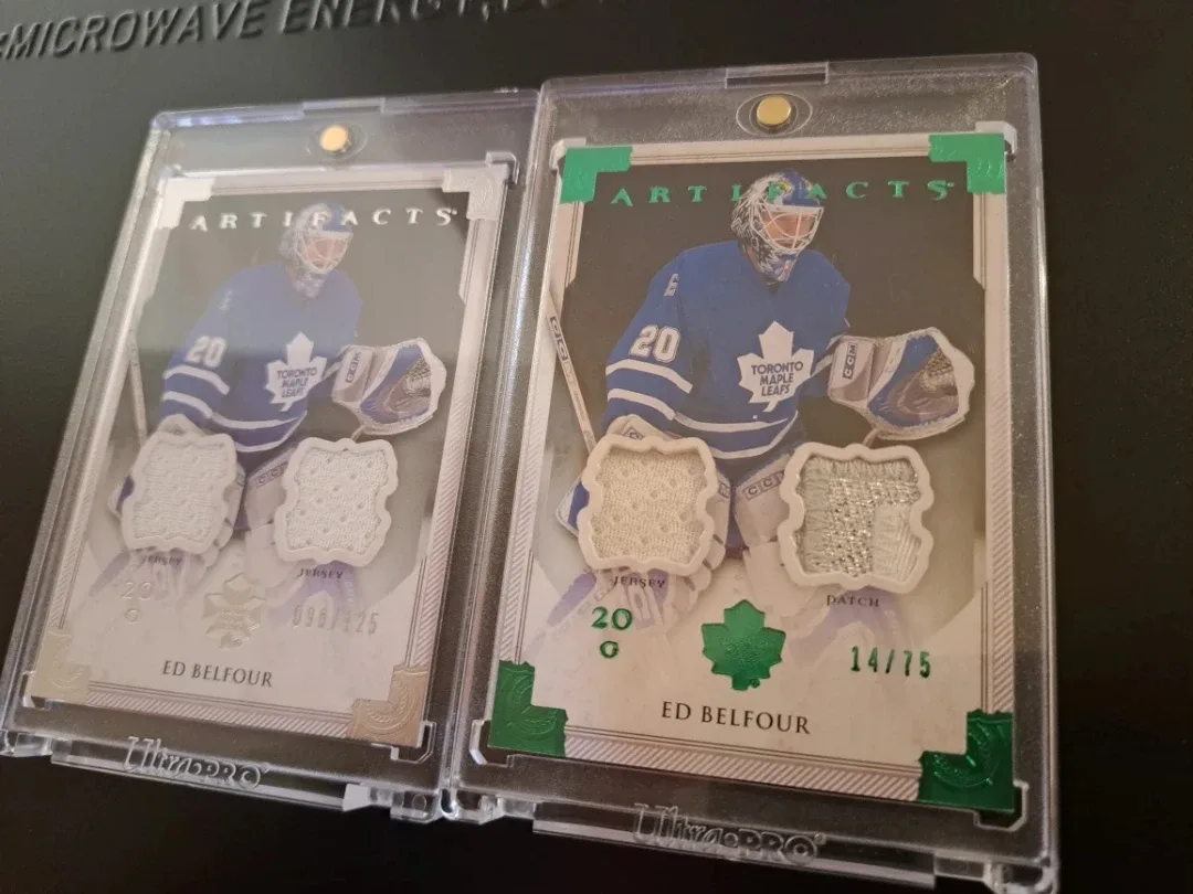 Upper Deck artifacts/Ed Belfour/silver/Emerald game worn cards image indicator(3)