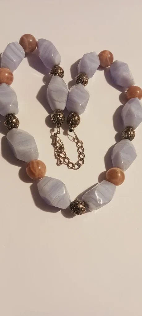 Stunning Vintage Blue Lace Agate Stone & Beige Jasper Necklace