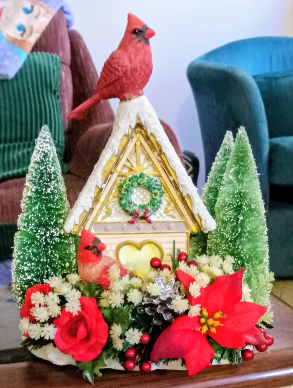 Christmas Cardinal Decorations and Lighted Birdhouse