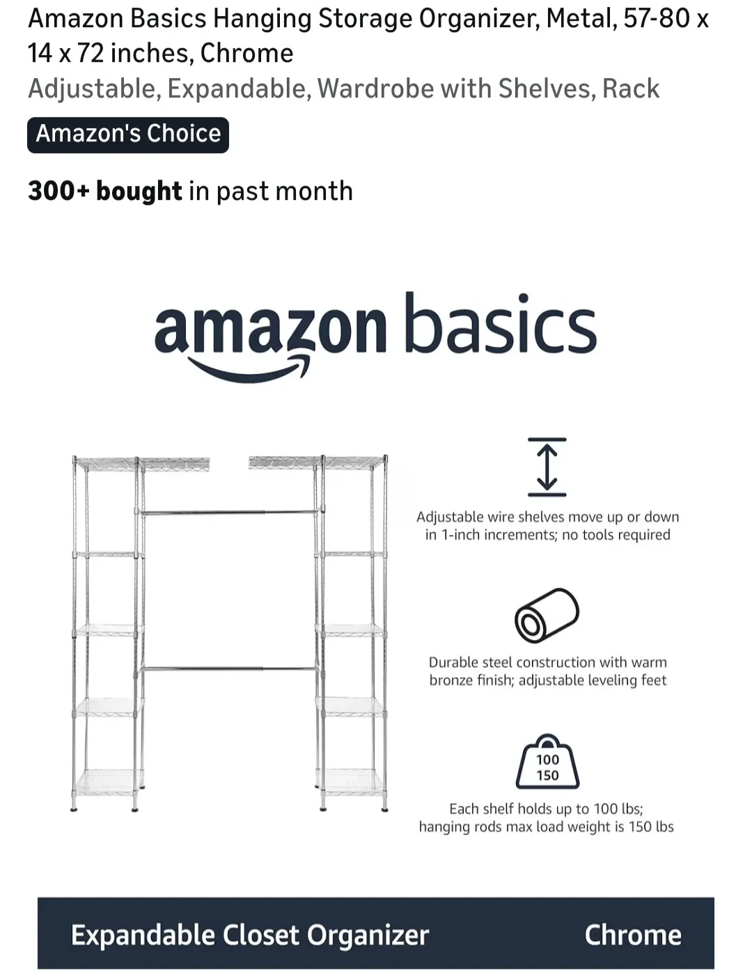Amazon Basics Hanging Storage Organizer, Chrome