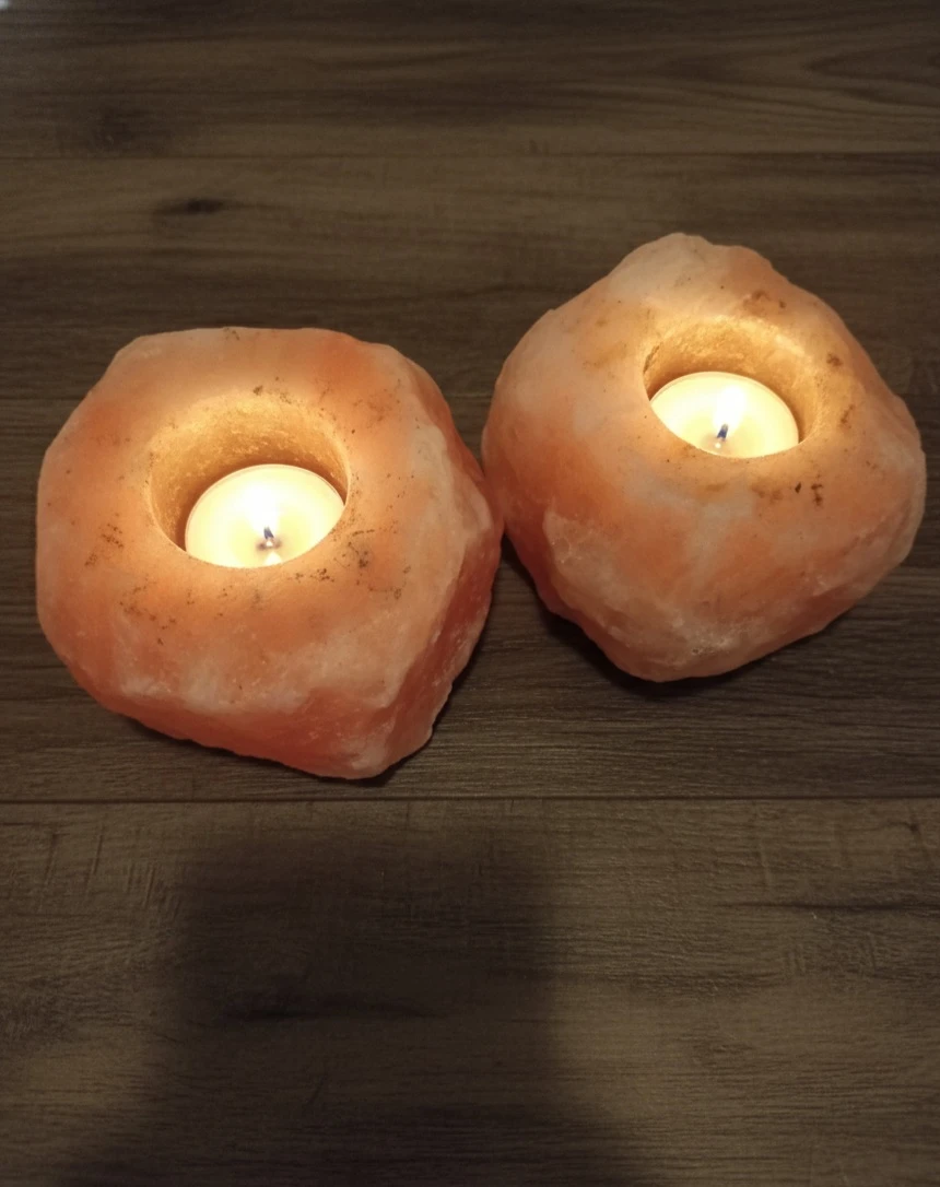2 Himalayan Salt Tea Light Candle Holders with candles - photo 2