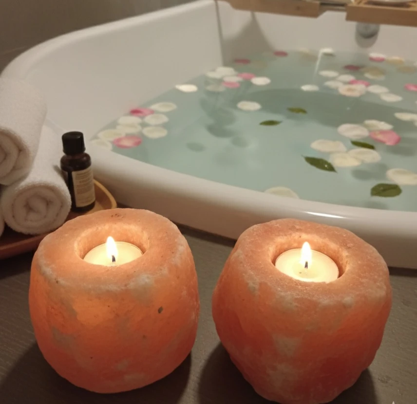 2 Himalayan Salt Tea Light Candle Holders with candles