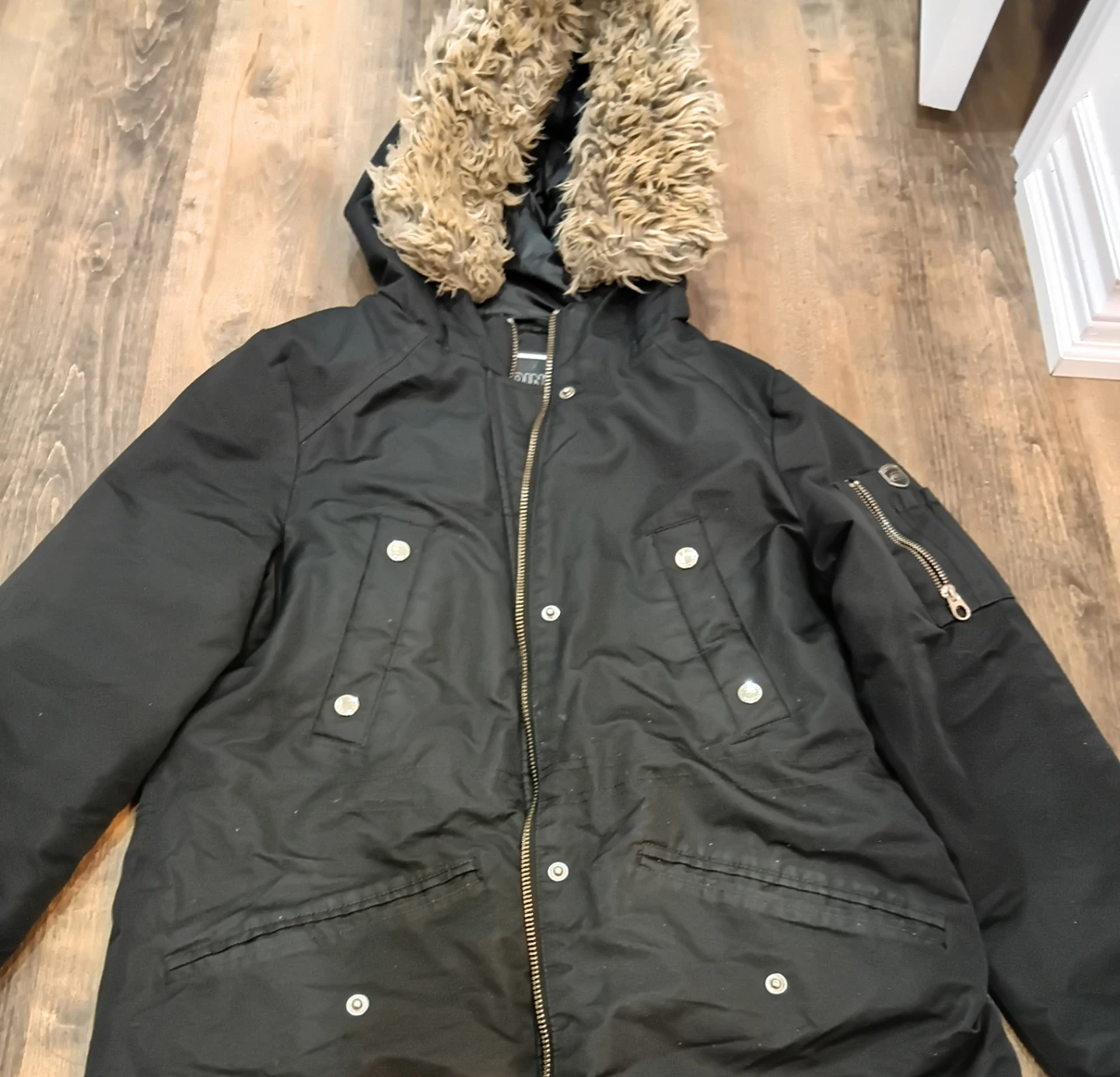 Black Winter Parka with Faux Fur Hood
