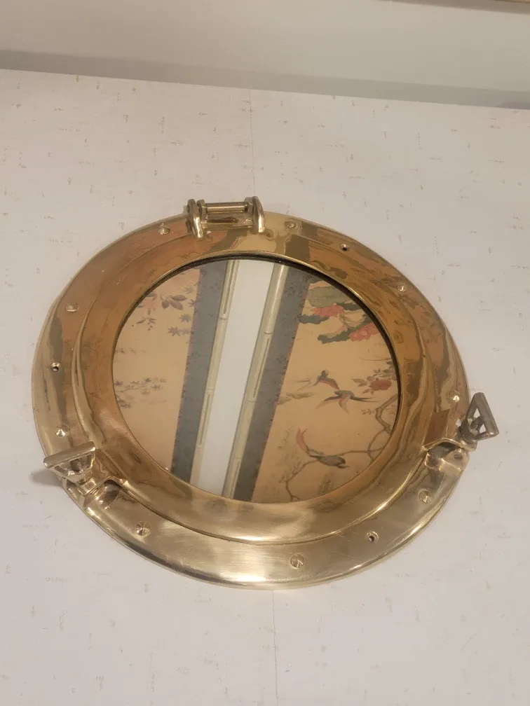 Vintage Ships Brass Porthole Mirror. Nautical. 12" dia image indicator(8)